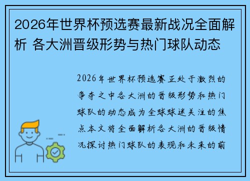 2026年世界杯预选赛最新战况全面解析 各大洲晋级形势与热门球队动态