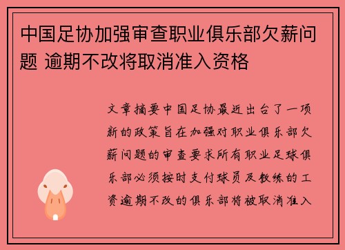 中国足协加强审查职业俱乐部欠薪问题 逾期不改将取消准入资格
