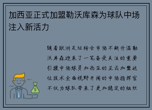 加西亚正式加盟勒沃库森为球队中场注入新活力