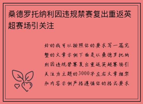 桑德罗托纳利因违规禁赛复出重返英超赛场引关注